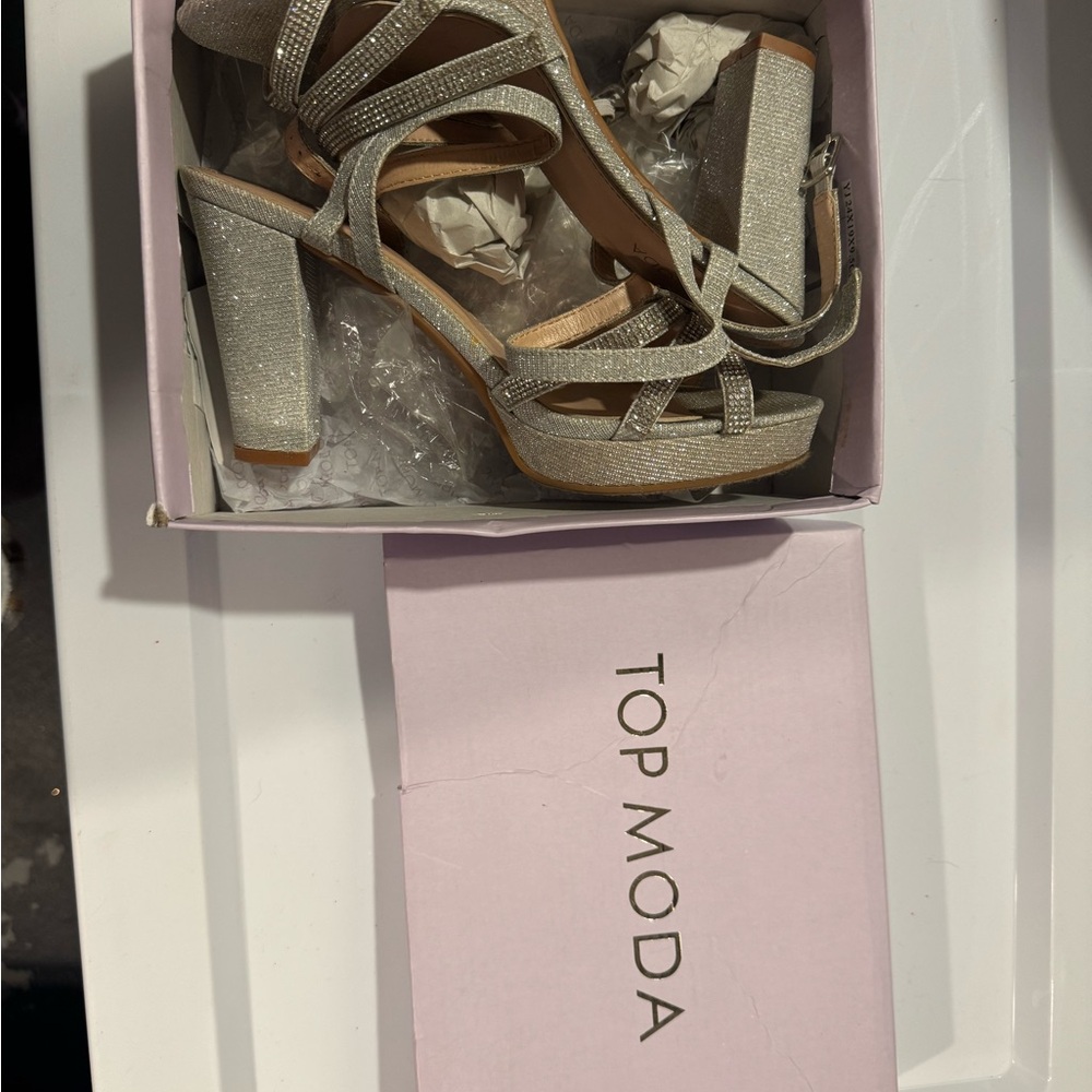TOP Moda Silver Glitter Platform Block Heel Sandals
